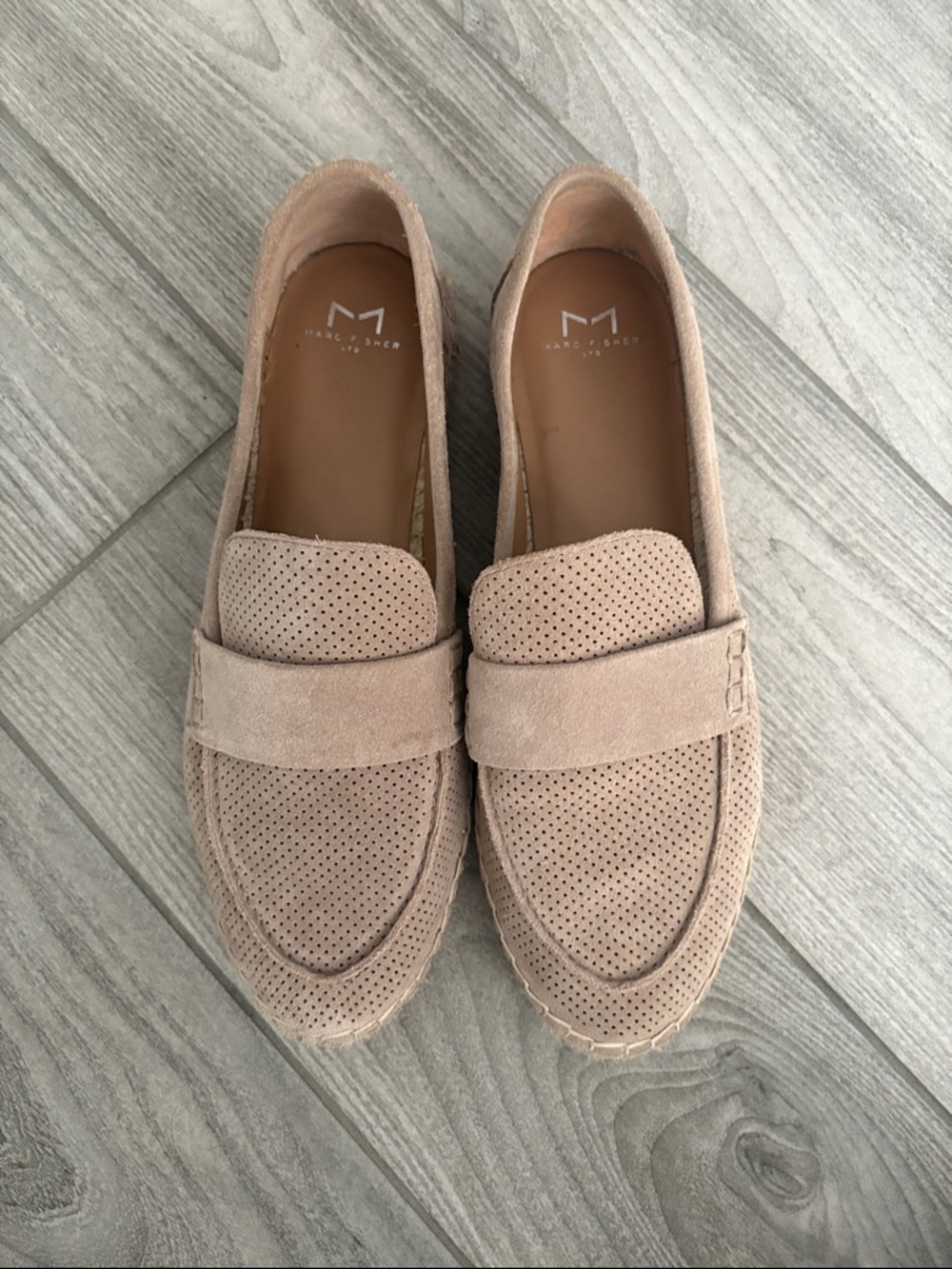 Marc Fisher Perforated Suede Penny Loafers in Beige